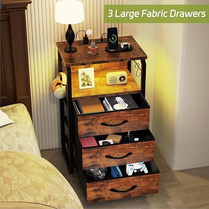 Tall Nightstand Set of 2 with Charging Station, Bed Side Tables Bedroom Set of 2, LED Night Stand Set 2, Bedside Table with Drawers, Night End Table with Storage for Bedroom, Dorm Rustic Brown