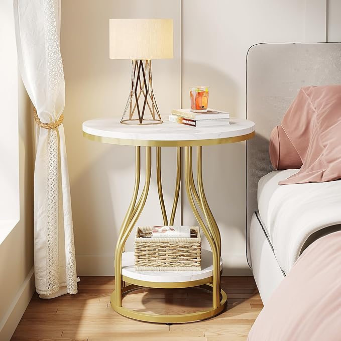 Tribesigns Round Side End Table 2-Tier End Tables Modern Bedside Table Small Chirside Tables with Storage for Couch Side, Nightstand with Metal Frame for Living Room (1, White+Gold)