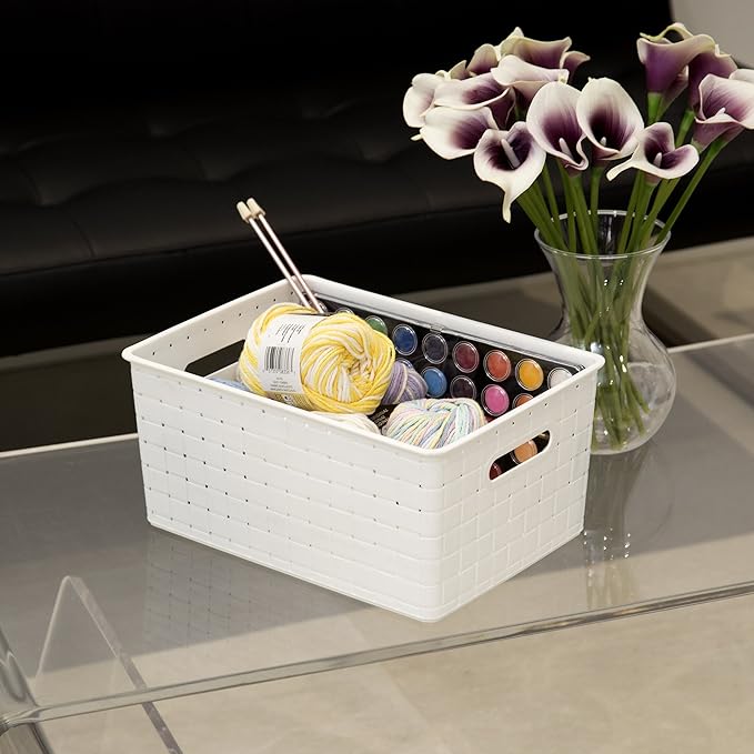 BINO Plastic Basket, Medium - White, 4 Pack, THE STABLE COLLECTION, Multi-Use Storage Basket, Rectangular Cabinet Organizer, Baskets for Organizing with Handles, Home & Office Storage Organizer-NeatNest