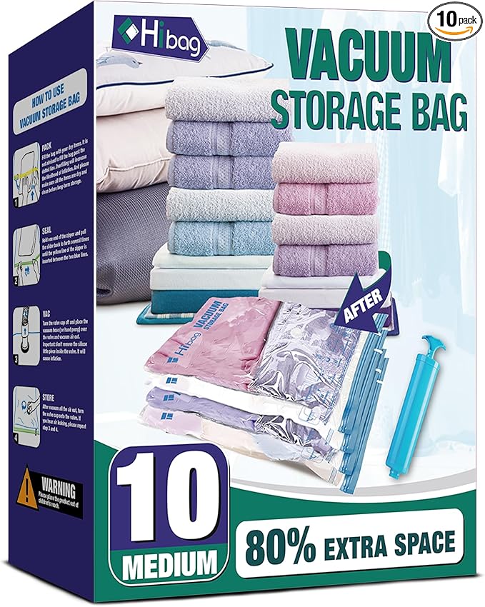 Vacuum Storage Bags, 10 Medium Space Saver Vacuum Seal Bags, Space Bags, Vacuum Sealer Bags for Clothes with Travel Hand Pump (10M)-NeatNest