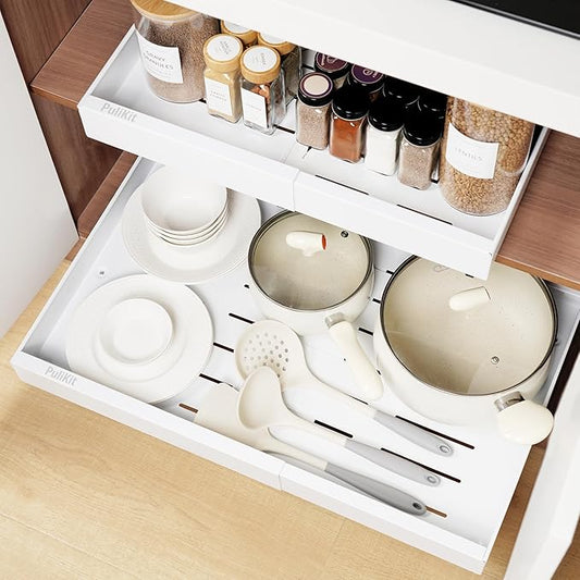 Under Sink Cabinet Organizer with Slide-Out Drawers Heavy-Duty Adjustable 16.9''-26.8'' Deep Tool-Free Adhesive & Screw Mounting, Removable Shelves for Kitchen Storage (White)-NeatNest