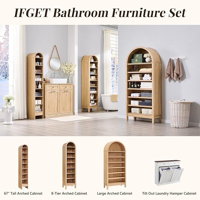 71" Tall Arched Shoe Storage Cabinet, 7 Tiers 28 Pairs Wooden Shoe Rack with 3 Adjustable Shelves, Freestanding Shoe Closet Shelf Organizer for Entryway, Hallway, Living Room (Natural)-NeatNest
