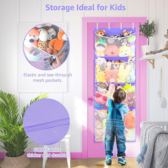 Hanging Stuffed Animal Storage, Over Door Large Plush Toy Organizer with Metal Hook, Baby Accessory Holder Idea for Nursery, Doll & Bear Mesh Hammock Bag for Girl Boy Kid Room-NeatNest