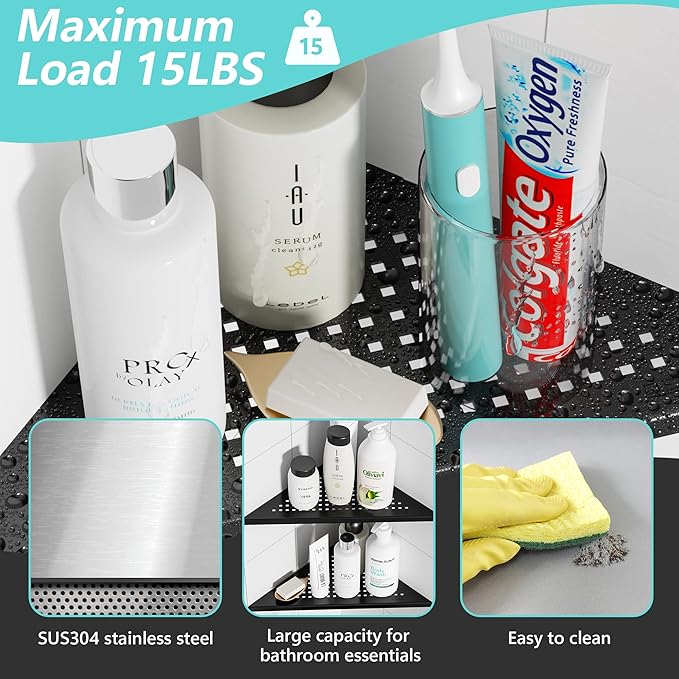 Corner Shower Shelves, 10” Recessed Tile Shower Shelf Matte Black, 304 Stainless Steel Grout in Corner Tile Bathroom Shelves, No Drilling, 2 Pack-NeatNest