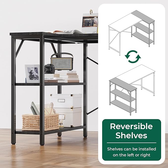 Huuger L Shaped Desk, 55 Inches Computer Desk with Reversible Storage Shelves, for Gaming Corner Home Office Writing Study, Metal Frame, Black-NeatNest
