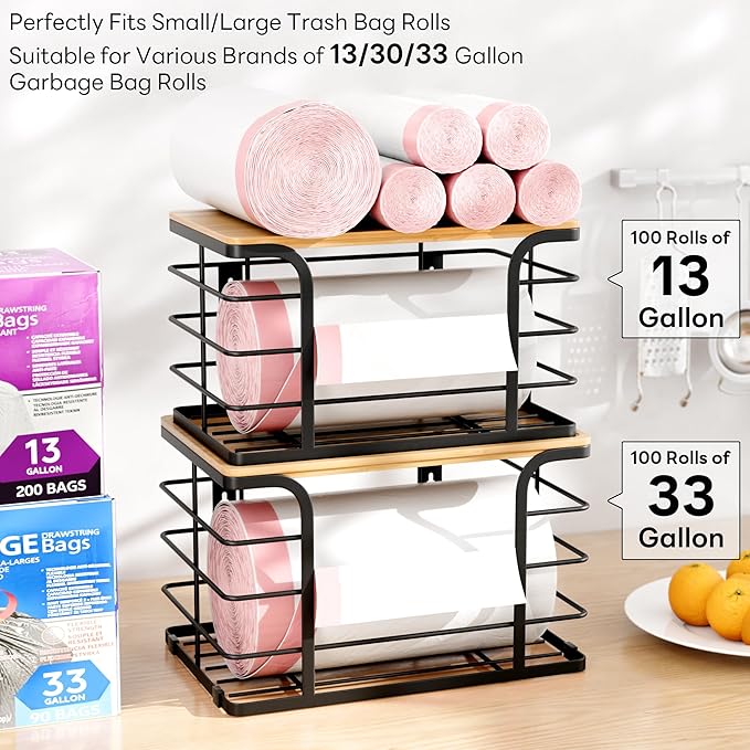 2 Pack Extra Large Stackable Pantry Organizers and Storage,Wall Mount Trash Bag Holder Dispenser with Bamboo Top for Kitchen Laundry Room Organization,Black-NeatNest