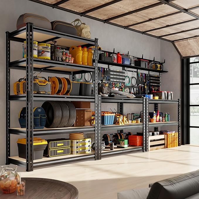 72.12" H Garage Shelving, Storage Shelves Load 2100LBS, 5-Tier Adjustable Shelving Unit with Thickened Wooden Boards for Multiple Scenarios, 72.12" H x 35.55" W x 11.85" D, Black, 4 Pack-NeatNest