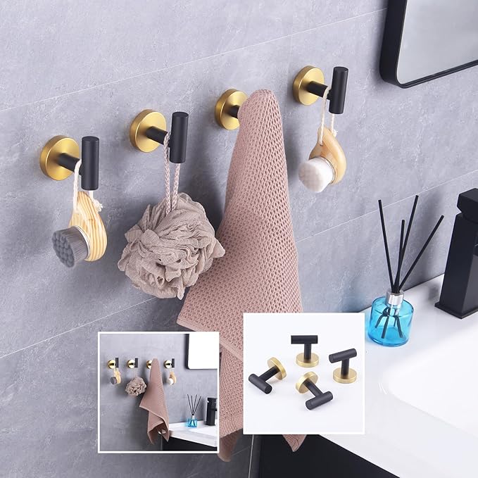 GERZWY Stainless Steel Towel Hook Robe Hook Coat Hook Heavy Duty Wall Mounted Luxury Hooks for Bathroom Hotel 4 Pack (Black & Gold) AG1307B-BD