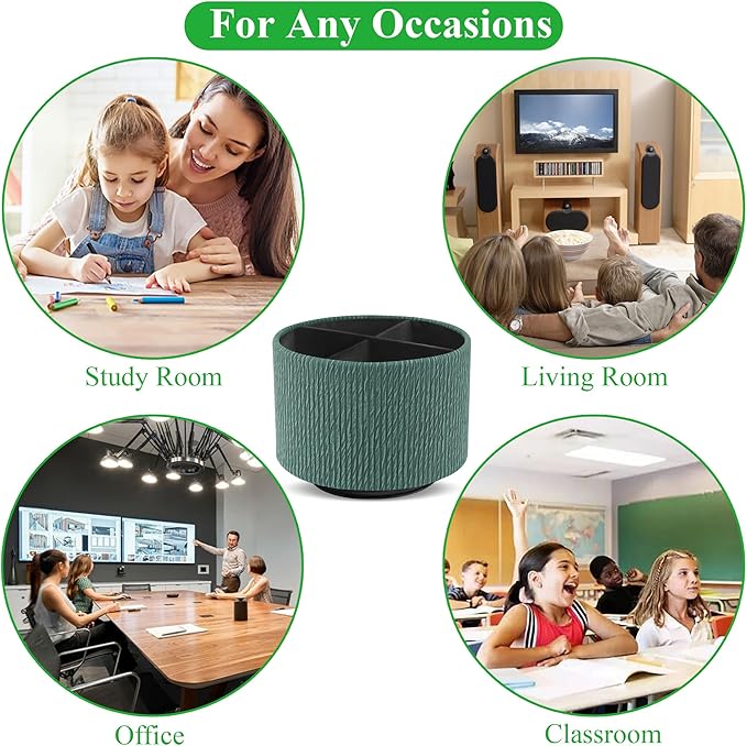 Hennaja Round Leather Art Supply Organizer,Remote Control Holder,360 Degree Spinning,Multi-Functional Pencil Holder,4 Compartments Desktop Stationary Organizer(1-Wood Green)-NeatNest