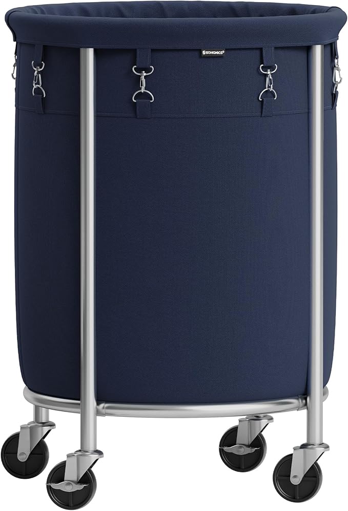 SONGMICS Laundry Basket with Casters, Rolling Laundry Hamper, 29 Gal., Round Laundry Cart with Steel Frame and Removable Bag, 4 Casters and 2 Brakes, Charcoal Blue and Metallic Silver URLS002Q01