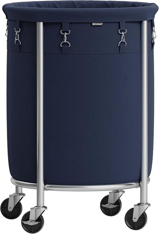 SONGMICS Laundry Basket with Casters, Rolling Laundry Hamper, 29 Gal., Round Laundry Cart with Steel Frame and Removable Bag, 4 Casters and 2 Brakes, Charcoal Blue and Metallic Silver URLS002Q01
