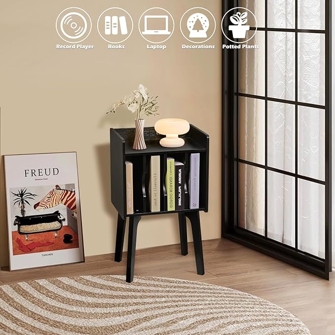 EOYUTLLY Mid Century Modern Nightstand End Table Side Table with Storage ，Wood Small Side Coffee Table for Living Room and Bedroom,Black (with Socket, Black)