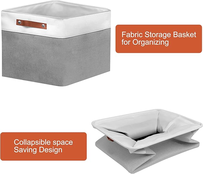 11in Open Fabric Storage Basket with Leather Handles for Organizing, Collapsible Linen Closet Bins for Shelves, Closets, Laundry, Decorative Basket for Gifts. (White＆Gray, 2PCS/11x11in)-NeatNest