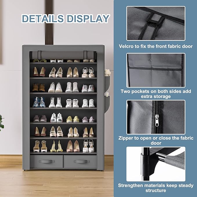 Shoe Rack Storage Cabinet 32 Pairs Organizer Shelf Tall for Shoes Large Free Standing Racks Vertical Shoe Holder Stand with Cover Two Boxes Closet-NeatNest