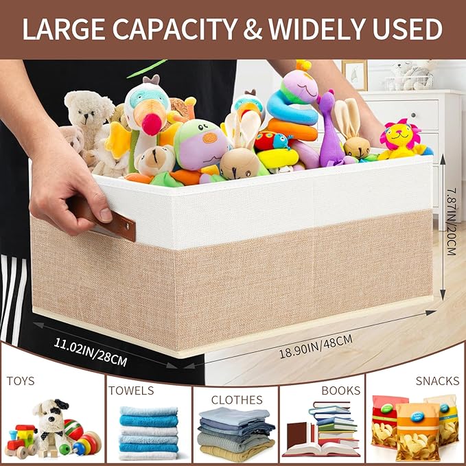 Closet Organizer Bins 3 Pack, Large Storage Bins for Shelves, Foldable Closet Storage Boxes Baskets with Leather Handles for Organizing Clothes, Sheets, Jeans, Toys, Books（Begie）-NeatNest