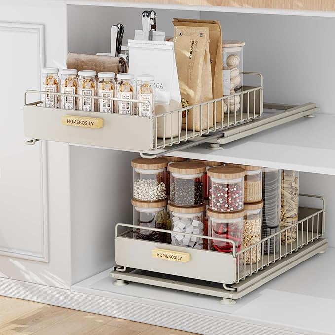 Under Sink Organizer, 2 Pack Pull Out Kitchen Cabinet Organizer, Mute Slide-Out Under Sink Organizers and Storage, Metal Kitchen Bathroom Organizers and Storage Shelves, Grey-NeatNest