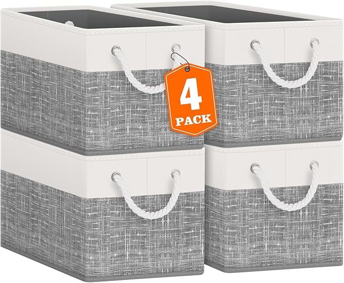 Fab totes Storage Bins [4-Pack], Foldable Storage Baskets for Organizing Toys, Books, Shelves, Closet, Large Storage Box with Rope Handles, Sturdy Organizer Bins, White & Grey-NeatNest