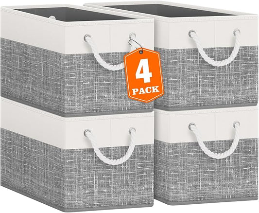 Fab totes Storage Bins [4-Pack], Foldable Storage Baskets for Organizing Toys, Books, Shelves, Closet, Large Storage Box with Rope Handles, Sturdy Organizer Bins, White & Grey-NeatNest