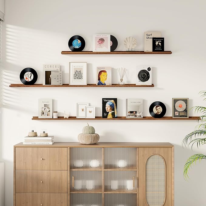 Floating Picture Ledge Shelves for Wall Set of 2, 95 Inches Picture Ledge Shelf with Long Large Nursery Book Shelf for Toys Storage Kids Bookshelf Wall Mounted Living Room Bedroom Decor Frames, Walnut-NeatNest