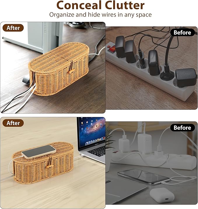 Cable Management Box, Handwoven Faux Rattan Cord Organizer Box with Lid, 2 Open Slots Cable Organizer Box, Decorative Cord Hider Box for Tv Computer USB Hub & Power Strip Holder