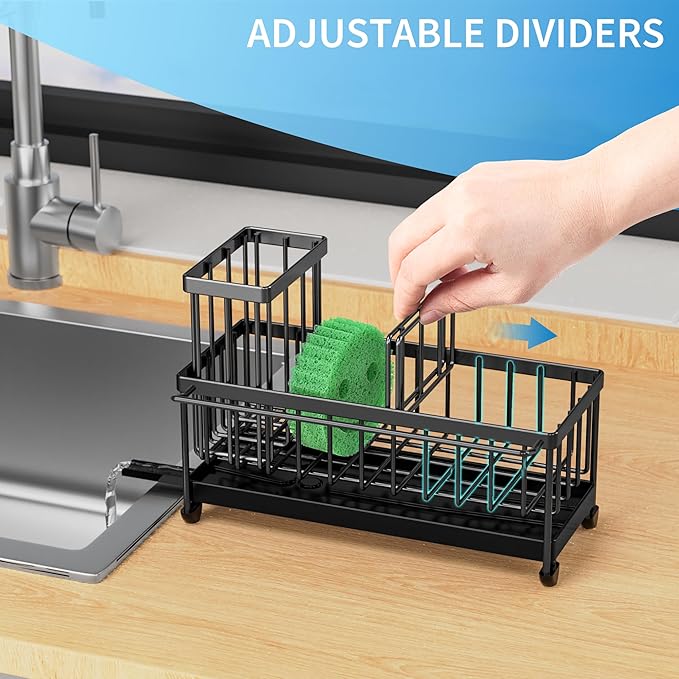 Cisily Sponge Holder for Kitchen Sink with Towel Rack, Sink Caddy with Kitchen High Brush Holder, Organzier Rustproof 304 Stainless Steel Dish Organizer Divider, Soap Dispenser Storage-NeatNest