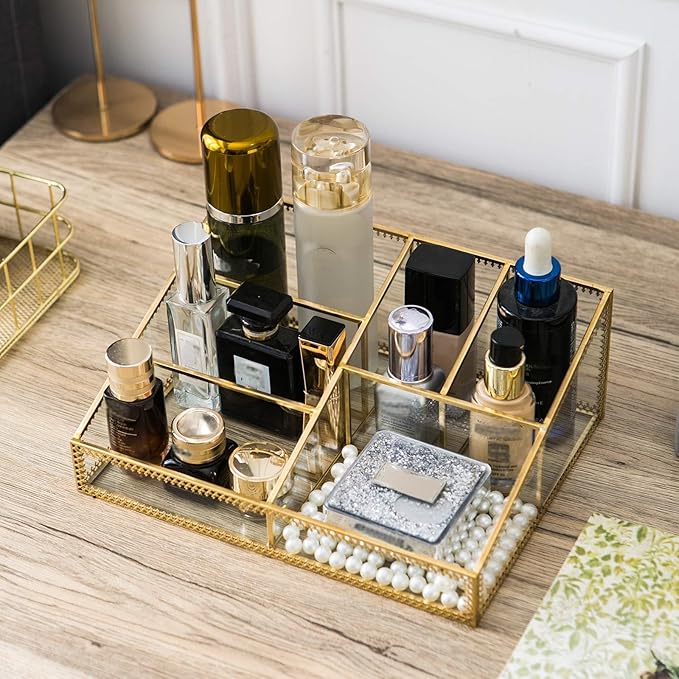 Vintage Gold Makeup Organizer - Glass Makeup Organizer Countertop Organizer for Make-Up Brushes Vanity, Tabletop Organizer Display Case for Bathroom, Vanity, Drawers GJB001