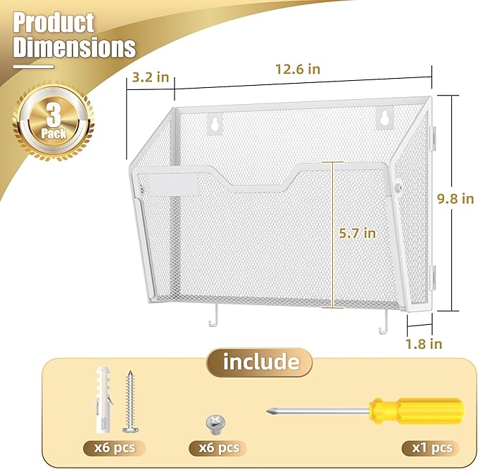 Docnest 3 Pack Hanging Wall File Holders, Mesh Wall Letter File Holder, Wall Mounted Mail Paper Document Folder Holder with Hooks for Office, Home, School, White