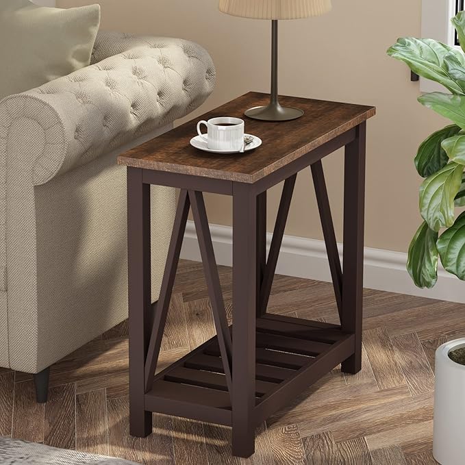 ChooChoo Farmhouse End Table, Rustic Vintage Narrow End Side Table with Storage Shelf for Small Spaces, Nightstand Sofa Table for Living Room, Bedroom Espresso-NeatNest