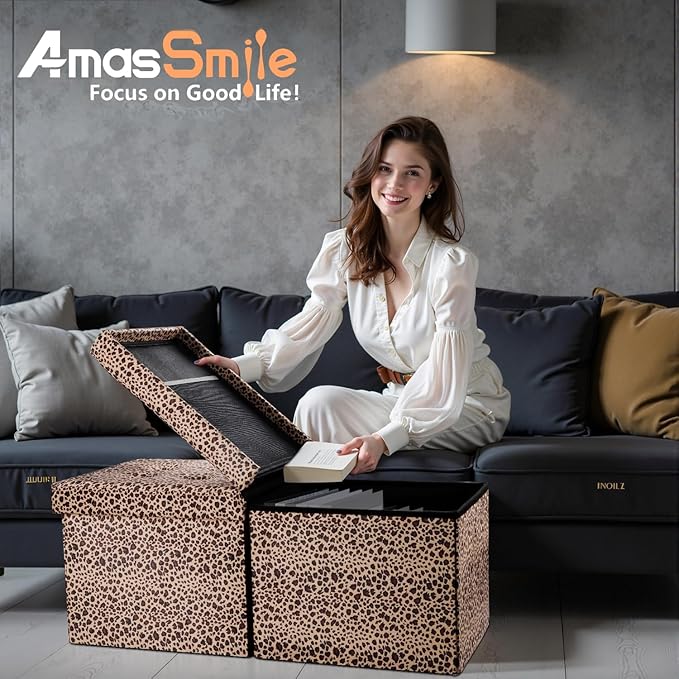 AmasSmile Footrest Ottoman Bench with Storage,34Inch Leopard Print Velvet Footstool, Coffee Table, Padded Seat, Storage Chest,Blanket Store with Flipping Lid for Livingroom and Bedroom
