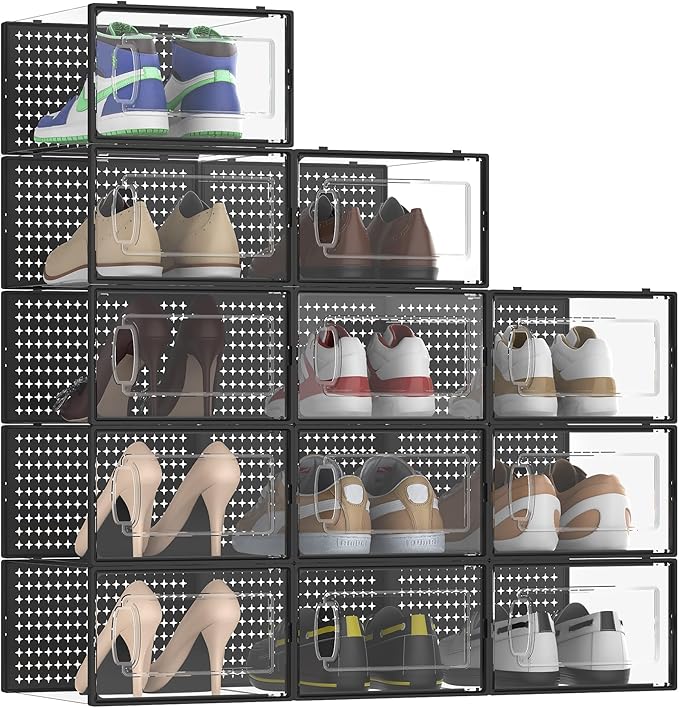 12 Pack Large Modular Clear Plastic Stackable Shoe Storage Organizer for Closet, Space Saving Versatile Sneaker Shoe Rack Containers Bins Holders, Portable Closet Organizers and Storage, Black-NeatNest