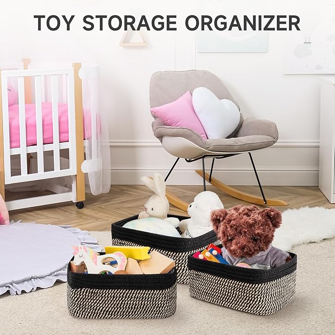 3-Pack Shelf Baskets for Organizing, Closet Organizer Bins, Small Woven Baskets, Rope Toy Basket, Storage Basket for Shelves, Cube Decorative Box, 11.5×7.5×4.7”, Black Brown-NeatNest