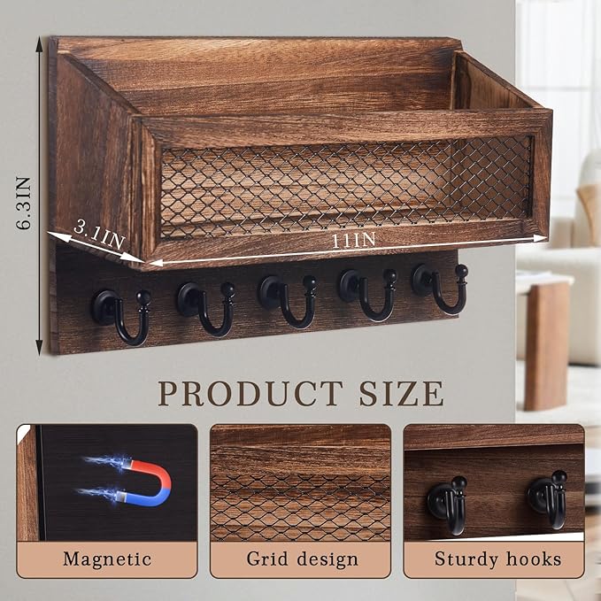 Magnetic Mail and Key Holder for Wall Fridge Wooden Mail Organizer with 5 Key Hooks for Home Bedroom Fridge Kitchen Decorative(Brown)