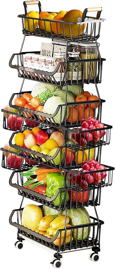MURRI&MURRDI 6 Tier Stackable Wire Storage Baskets with Wheels, Black, Kitchen Fruit Vegetable Storage Cart