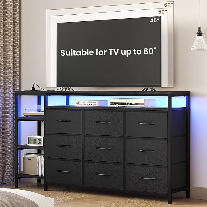 60 inch TV Stand Dresser for Bedroom with LED Lights & Charging Station, 9 Fabric Drawers, Entertainment Center with Drawers & Open Shelves for Living Room, Bedroom, Black-NeatNest