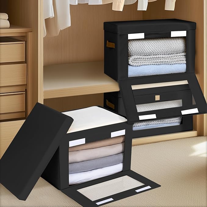 Collapsible Storage Bins - Large Stackable Organizer Bins, Decorative Boxes with Handles & Window, Fabric Containers for Living Room, Closet, Dorm, 6 Pack, Black-NeatNest