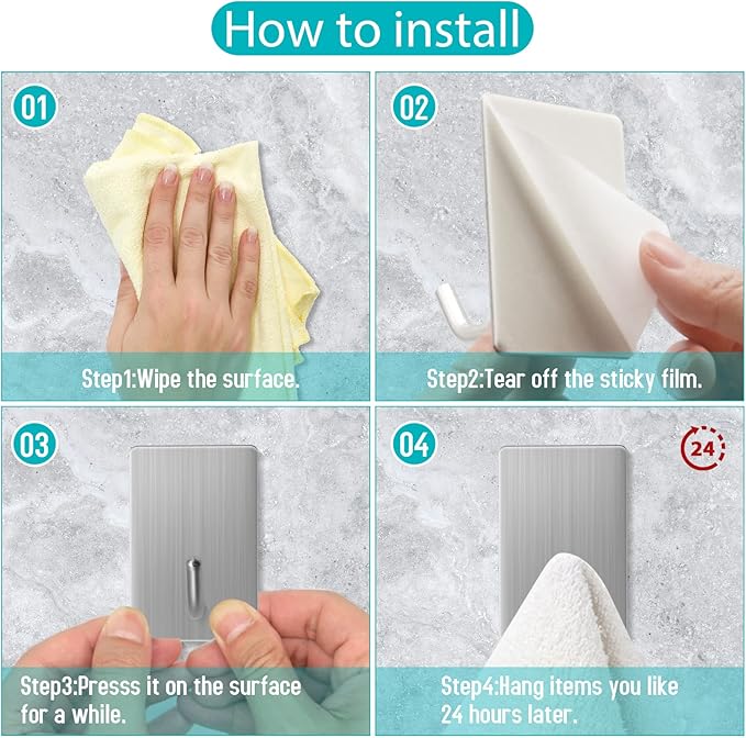 Adhesive Hooks Heavy Duty, Long Self Adhesive Wall Hook, Sticky Towel Hangers for Kitchen Bathroom, Waterproof Stick on Door Hooks for Hanging Key Hat Coat