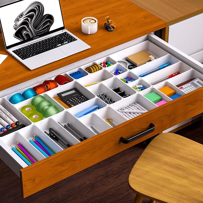 7 Pcs Plastic Drawer Organizer Set,4 Size Small Storage Containers for Organizing Jewelry,Utensil,Junk,Tea,Makeup,Shallow Drawer Organizers Tray Suitable for Office,Desk,Bathroom,Vanity,Kitchen,White-NeatNest