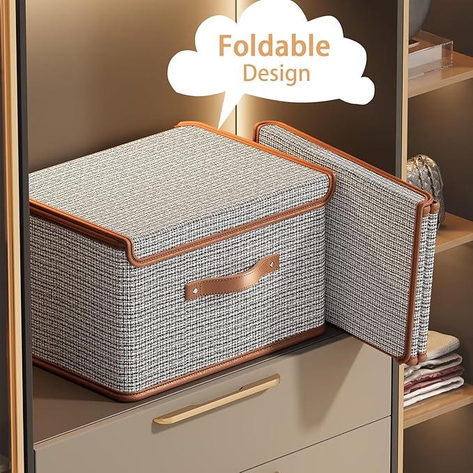 Tuza 4 Pack Storage Bins with Lids, Collapsible Closet Organizer Container, Fabric Organizer Box with Handles, Decorative Storage Boxes with Lids for Organizing Clothes, Blanket, Light Grey, Medium-NeatNest