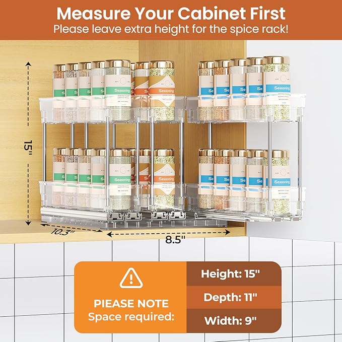 3 Packs Pull Out Spice Rack Organizer for Cabinet, Vertical Spice Rack Pull Out, Heavy Duty Slide Out Seasoning Organizer, 2.3" Wx10.35''Dx8.26''H, 3 Drawers 2 Tiers(Clear)
