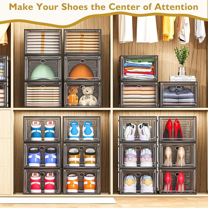12 Pack Clear Shoe Storage Organizer with Magnetic Door, Stackable Plastic Shoe Boxes for Sneakers, Boots, and Heels, Space-Saving Foldable Shoe Rack for Closet, Durable Shoe Cabinet Organizer, Black-NeatNest
