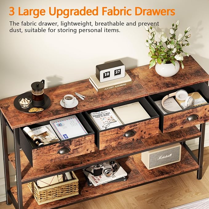 Furologee Long 47" Console Sofa Table with 3 Drawers, Entryway Table with 3-Tier Storage Shelves, Industrial Display Shelf for Entry Way, Hallway, Couch, Living Room, Kitchen, Foyer, Rustic Brown-NeatNest