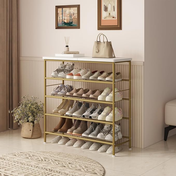 Shoe Rack Organizer 5 Tier for Closet Entryway Free Standing Metal Storage Shoe Shelf with MDF Top Board，Gold-NeatNest