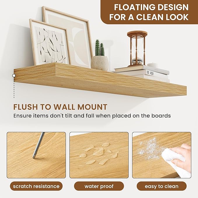 fuqing Floating Shelves for Wall, Bathroom Shelf Wall Mounted for Storage, Shelves with Invisible Bracket for Bedroom, Kitchen, Living Room, Farmhouse Small Book Shelf, 30 Inch Set of 2, Oak-NeatNest
