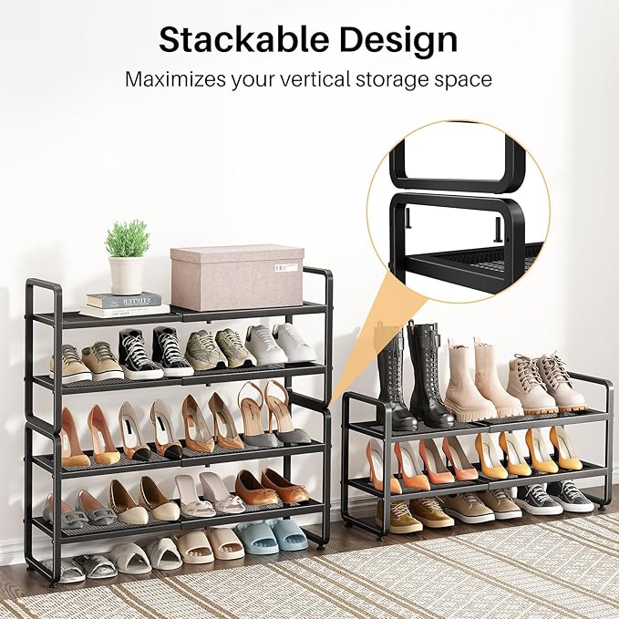 Shoe Rack - Expandable Shoe Organizer for Closet, Adjustable Metal Shoe Shelf Storage, 2 Tier Stackable Long Shoe Stand Holder for Garage, Entryway, Door Entrance, Black-NeatNest