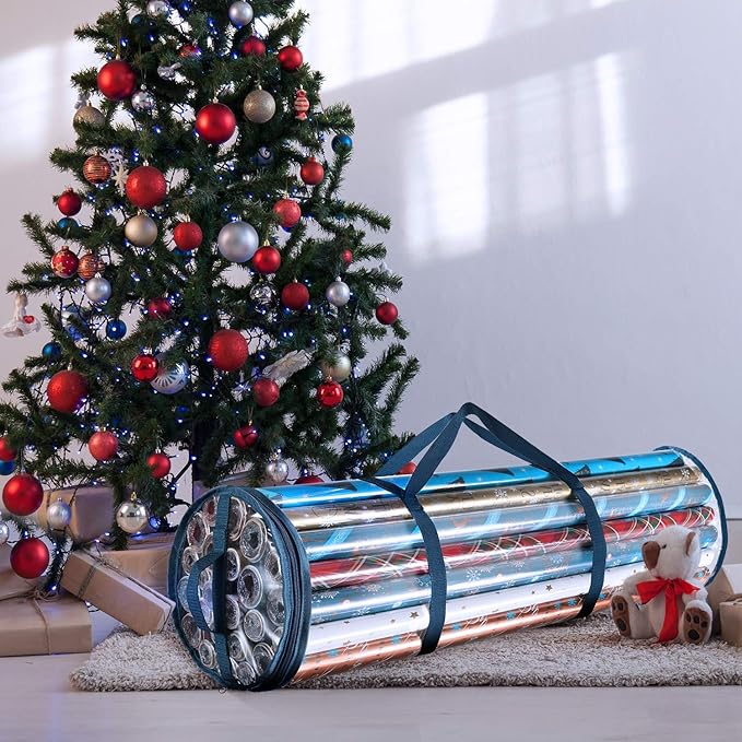 Hearth & Harbor Wrapping Paper Storage Container - Clear Wrapping Paper Holder Fits Up To 14 Rolls of 40" - Tear Proof Gift Wrap Organizer - Premium Bag for Easy Carrying, Blue-NeatNest