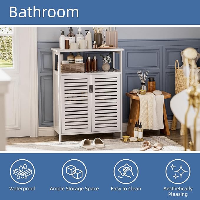 HITNET White Bathroom Cabinet, Bamboo Storage Cabinet Freestanding, Side Tall Storage Organizer for Kitchen Living Room Entryway