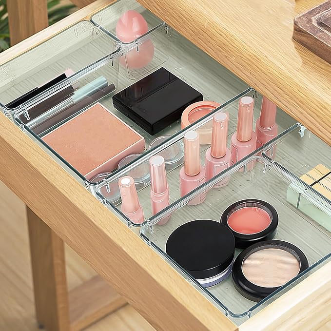 10 PCS Drawer Organizer Set, 4 Varied Size Bathroom and kitchen Drawer cabinet organizer Trays, Clear Storage Bins for Makeup, Jewelry, Utensils and Gadgets-NeatNest