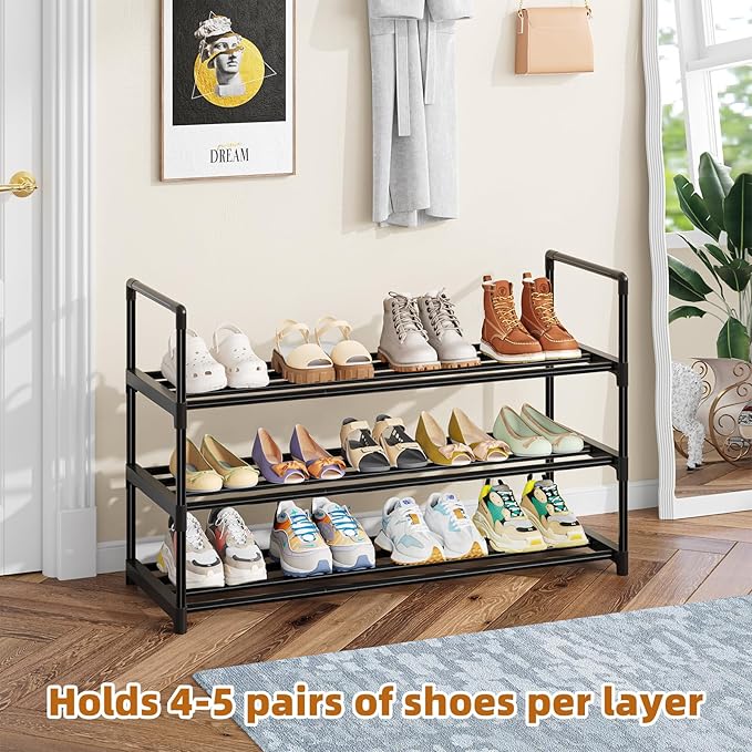 Simple Trending Shoe Rack, 3-Tier Shoe Organizer, Metal Storage Shelf, for 16-20 Pairs, Stackable, for Entryway, 11.75 x 36.5 x 21.5 Inches, Black-NeatNest