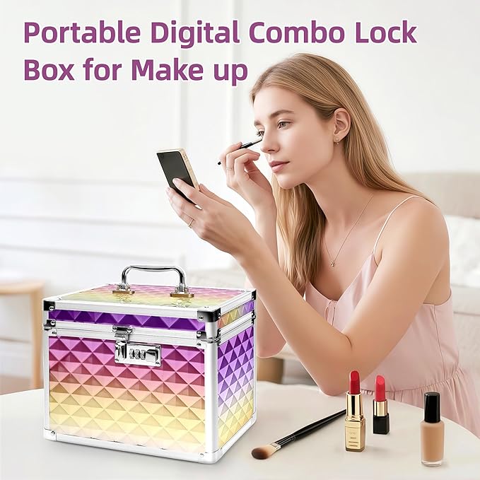 Medication Combination Lock Boxes with Code for Personal Items, Rainbow Medicine Lockbox for Documents 10 x 7.25 x 7.75 Inches Plaid Gold Purple