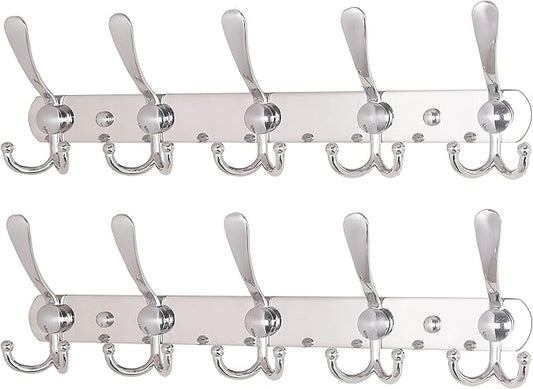Dseap Wall Mounted Coat Rack - 5 Tri Hooks, Heavy Duty, Stainless Steel, Metal Coat Hook Rail for Coat Hat Towel Purse Robes Mudroom Bathroom Entryway (Chromed, 2 Packs)-NeatNest